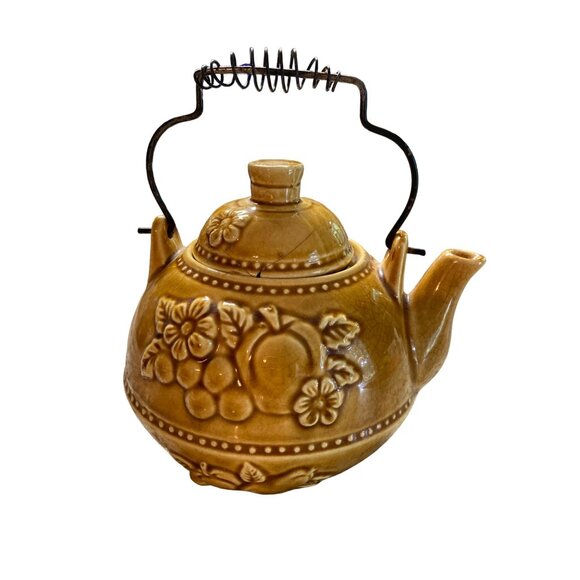 Vintage Japanese Ceramic Teapot Brown Glaze Floral Peach Design Wire Handle - Picture 3 of 11